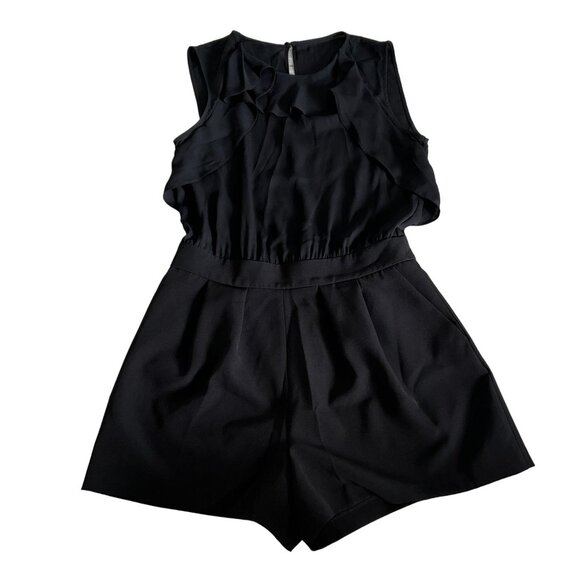 Zara Black Ruffle Trim Sleeveless Keyhole Button Back Romper Women's Medium - Picture 1 of 6